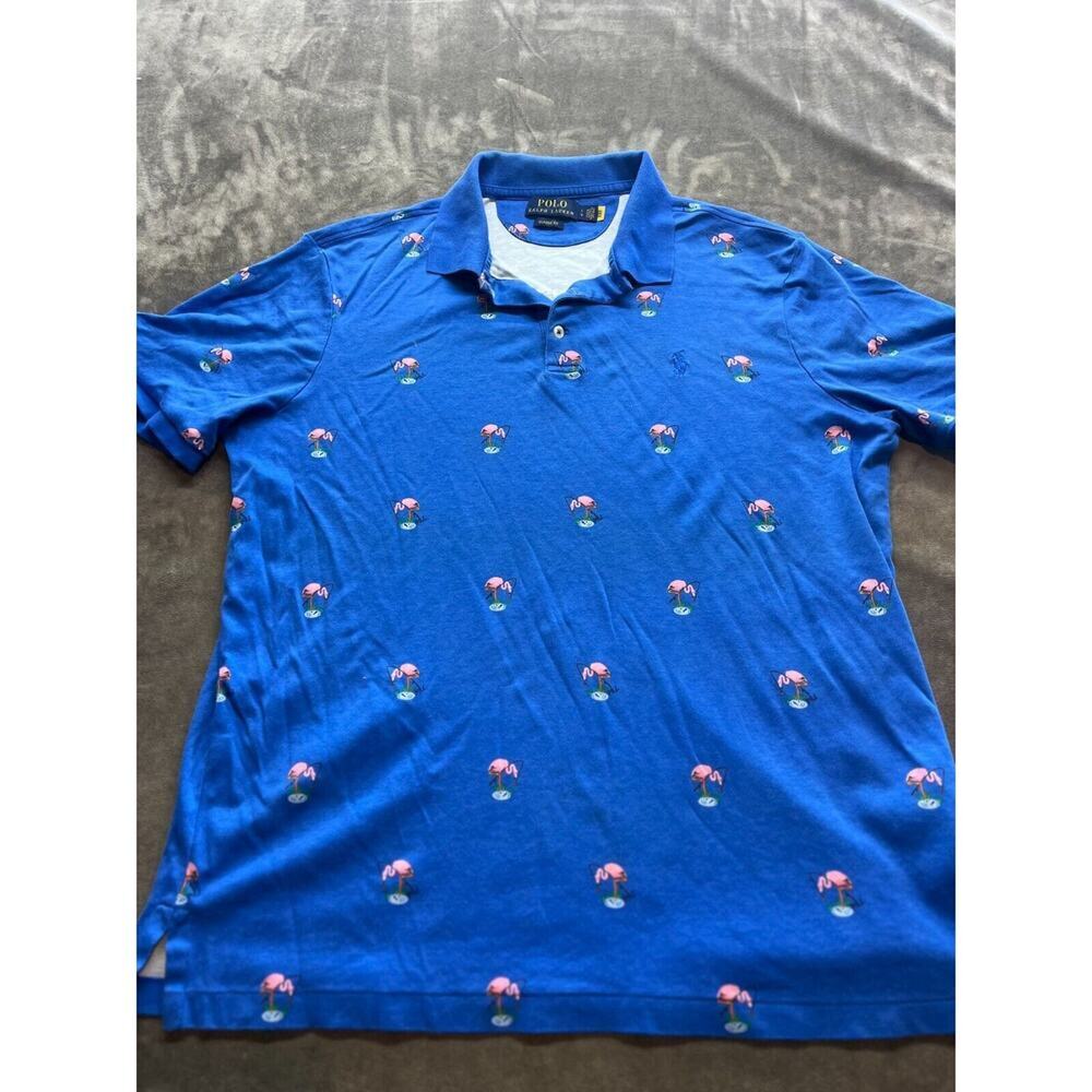 Ralph Lauren Men’s Polo Shirt Men's Large Flamingo Print All Over Blue Plaid